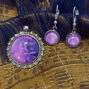 Handmade Jewelry Pendant & Earrings Set Featuring Alcohol Ink Art Under Glass